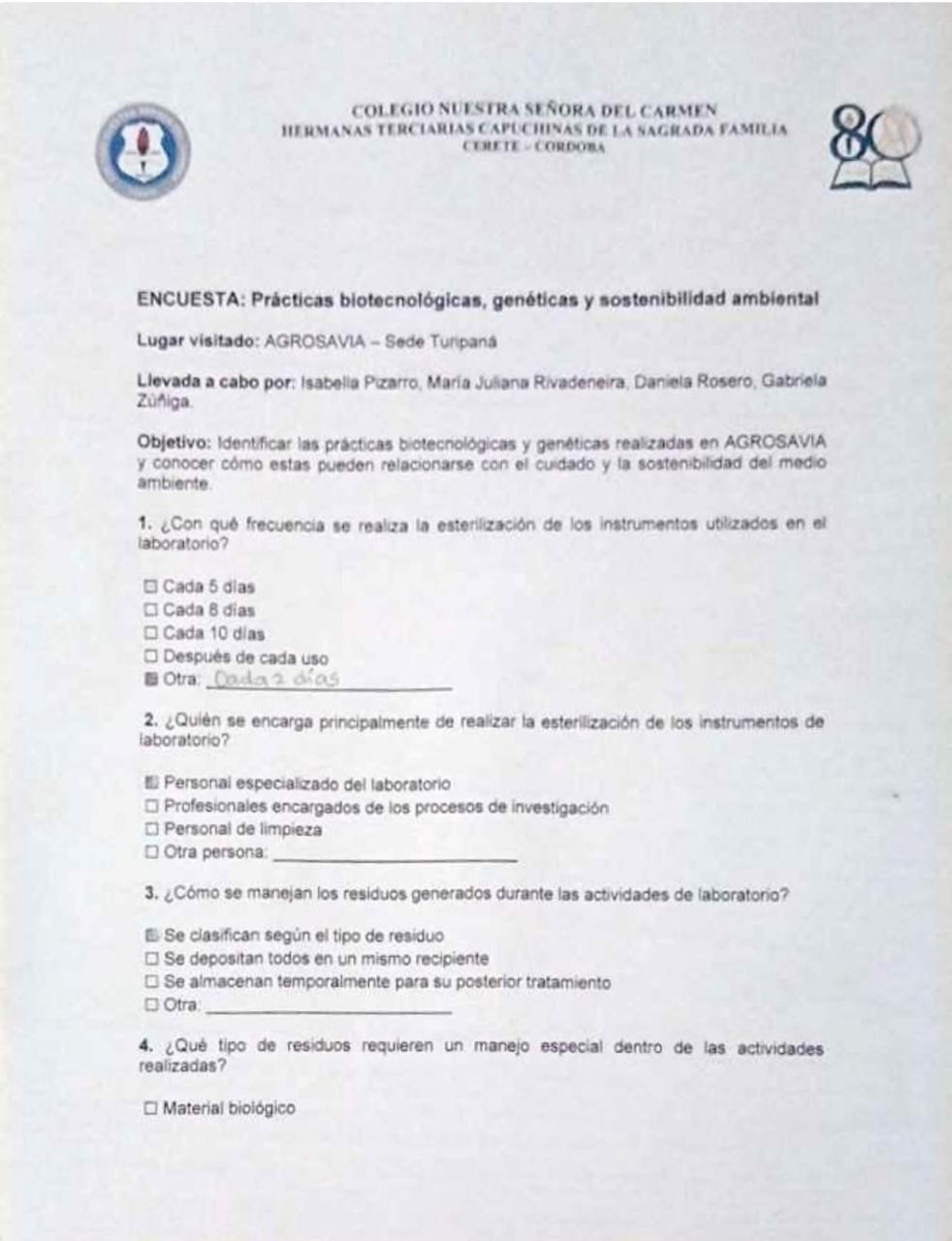 Encuesta con anotación manuscrita Cada 2 días